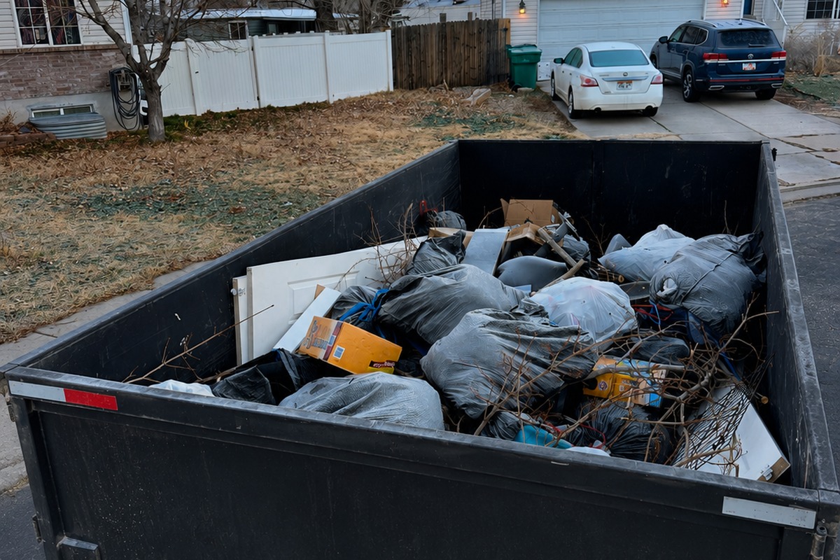 Full dumpster at a residential property representing local SEO for junk removal companies