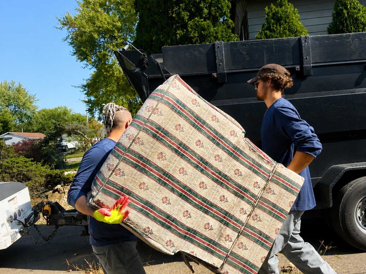 Junk removal workers carrying furniture into a dumpster while content is being captured for marketing