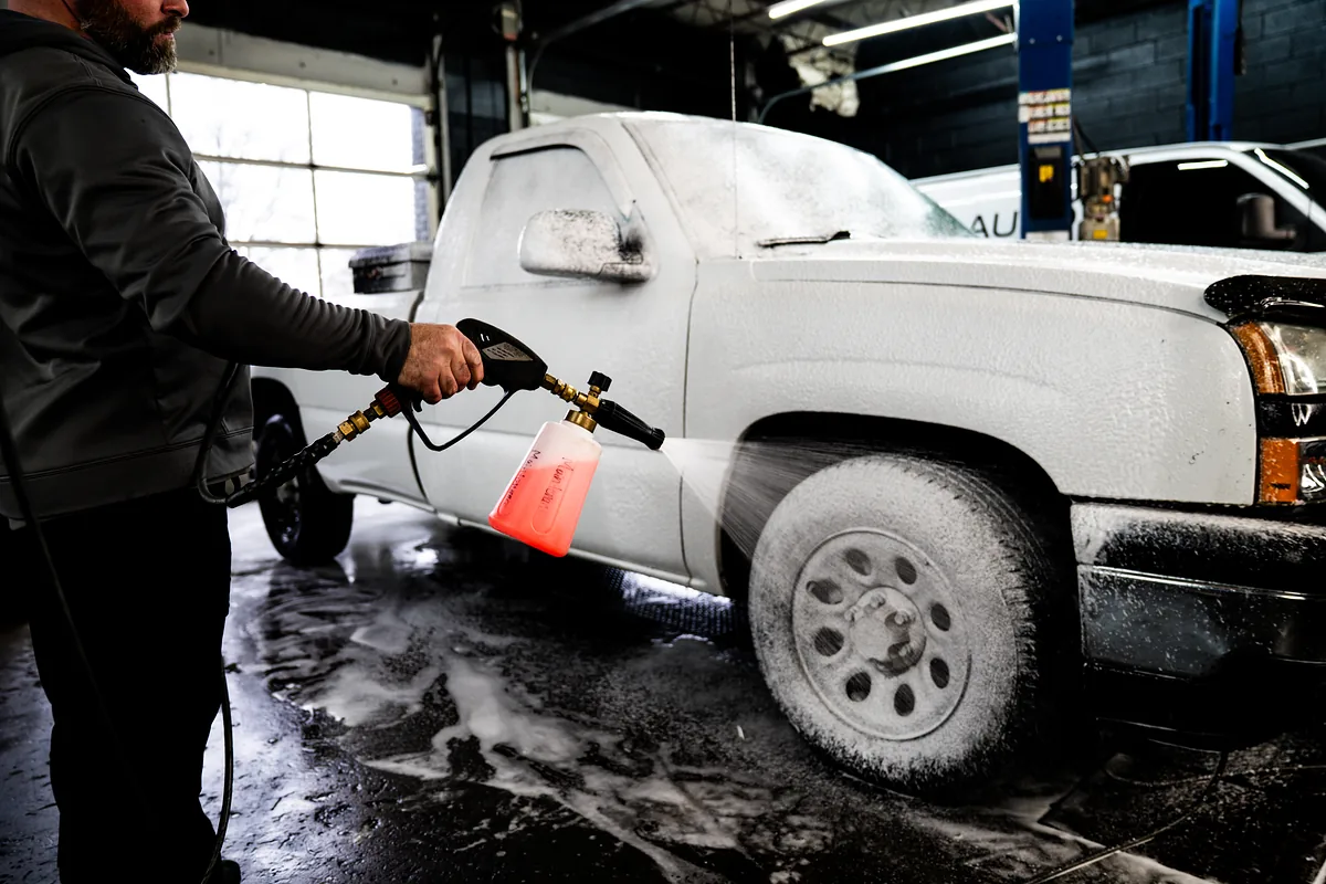 Detailer applying snow foam to a white pickup truck