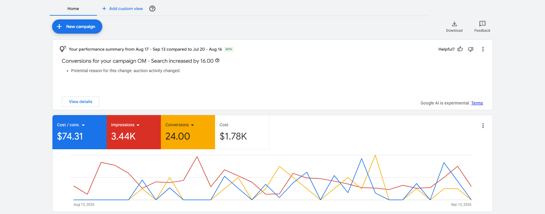 Google Ads search campaign results on a client account